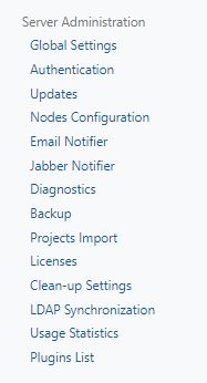 A screenshot of the Team City Administration navigation options.