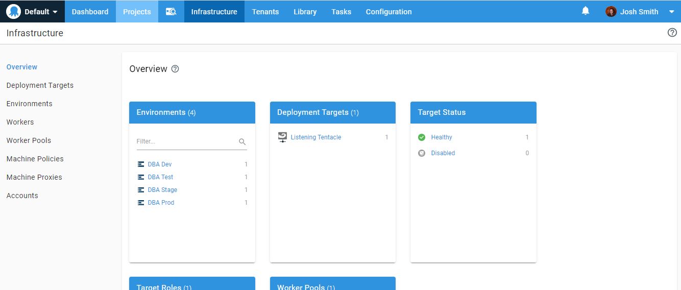 Screen shot of the Octopus Deploy Infrastructure page. It shows 4 environments and 1 deployment target.