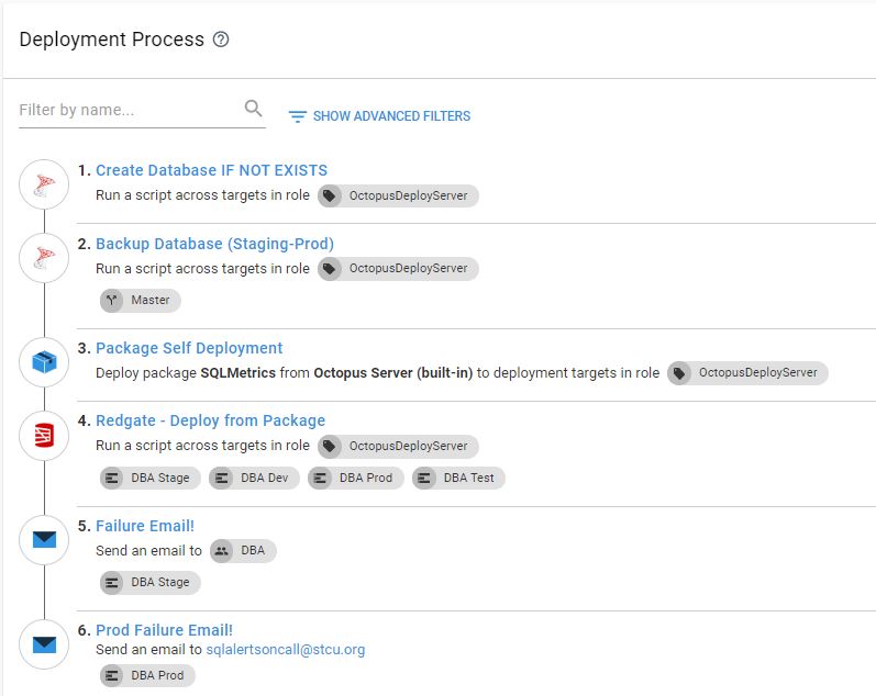 Screenshot of the Octopus Deploy process described in the following list.